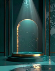 Elegant Teal Archway Stage with Golden Accents and Spotlight.