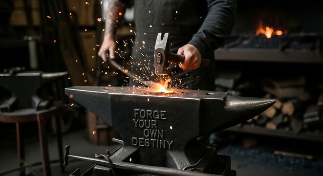 Blacksmith Forging Metal on Anvil with Sparks - Powered by Adobe
