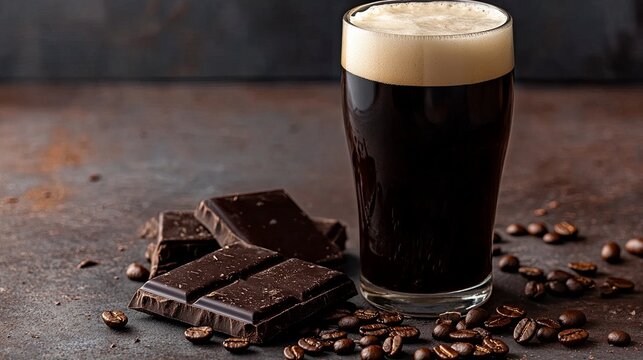 Dark stout beer in a pint glass with a creamy head, placed beside roasted coffee beans and dark chocolate .