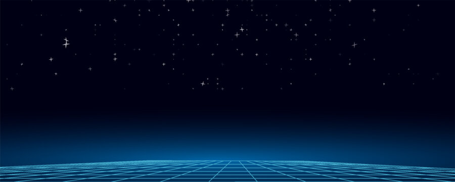 Technology background perspective retro grid. Futuristic cyber surface 80s - 90s styled. Vector blue mesh on a colorful background. Digital space wireframe landscape.