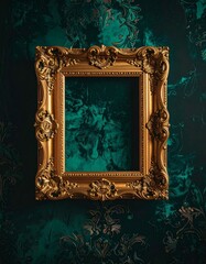 Ornate Golden Picture Frame on Textured Dark Teal Background.