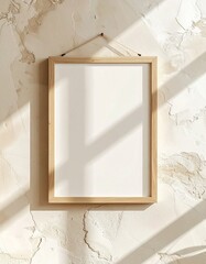 Minimalist Wooden Frame Hanging on Textured Wall with Natural Light Shadows.