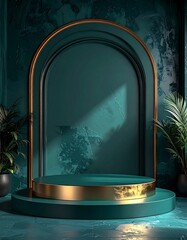 Elegant Teal and Gold Archway Display Stand with Lush Greenery.