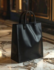 Elegant Black Leather Tote Bag on Marble Surface.