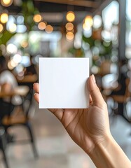 Hand holding a blank white square card in a cafe with bokeh lights.