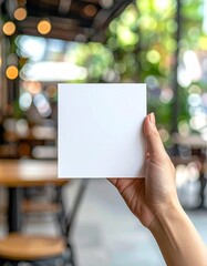 Hand Holding Blank White Square Card in Cafe Background.