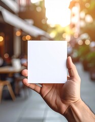 Hand holding blank white square card in front of blurred cafe background.