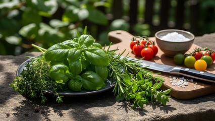 Fresh culinary herbs including basil and rosemary with cherry tomatoes on a rustic outdoor kitchen prep area