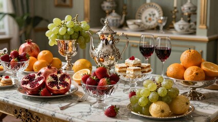 Elegant table with fresh fruits and pastries