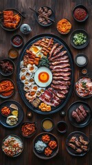 Korean BBQ table with meat and sauces.