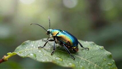 Naklejka premium Iridescent beetle on dew-covered leaf