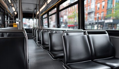 Fototapeta premium Inside a public bus with rows of empty dark seats facing forward, city visible