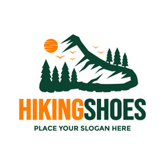 Hiking shoes logo design. Vector illustration of a boot footprint forming a mountain landscape, ideal for outdoor adventure and footwear brands.