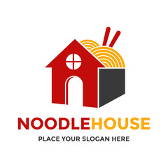 Noodle house logo concept. Vector illustration of a house shape with noodles and chopsticks, suitable for restaurants and food delivery services.