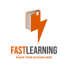 Fast learning logo concept. Vector illustration combining an open book with a lightning bolt, symbolizing speed, intelligence, and education.