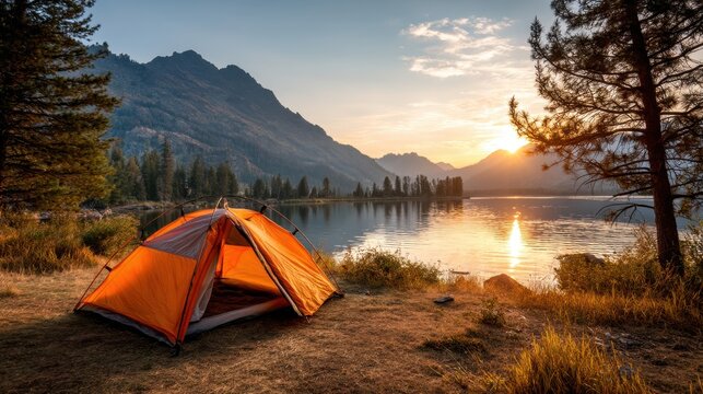 Sunset camping by mountain lake with scenic views and orange tent.