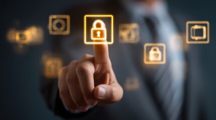 Businessman pointing at digital lock icon