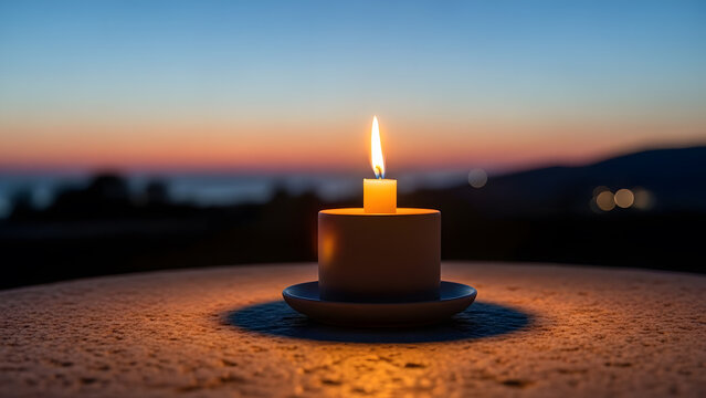 Single lit candle on a table outdoors at dusk with a blurred sunset horizon over the sea in the background