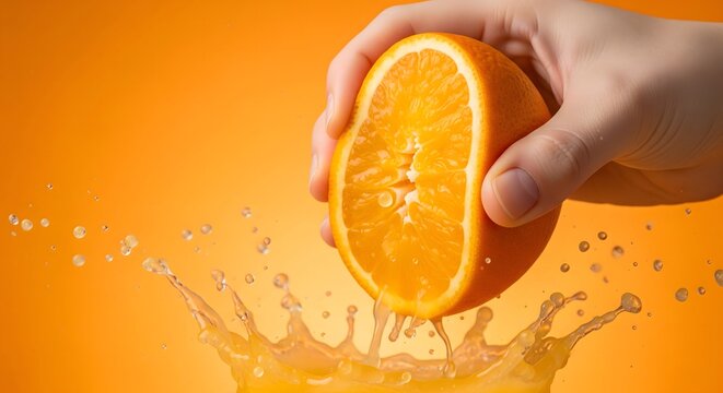 Hand holding a juicy orange half with splashing juice on an orange background
