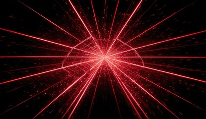 Red laser beams converge in a tunnel of light and geometric shapes