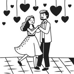Romantic Couple Dancing Together with Heart Decorations Illustration