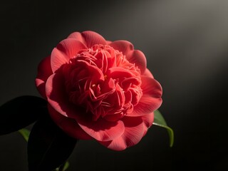 Elegant Red Camellia Flower in Dramatic Lighting on Dark Background
