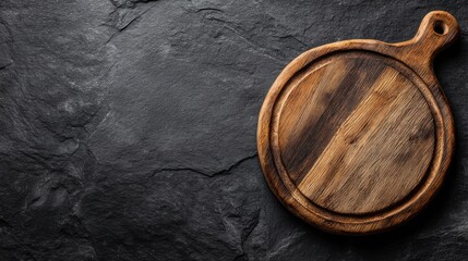 Rustic wooden cutting board on dark slate background.