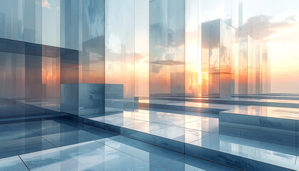 Modern glass architecture reflecting a vibrant sunset. Abstract urban landscape with transparent panels and warm sky glow.