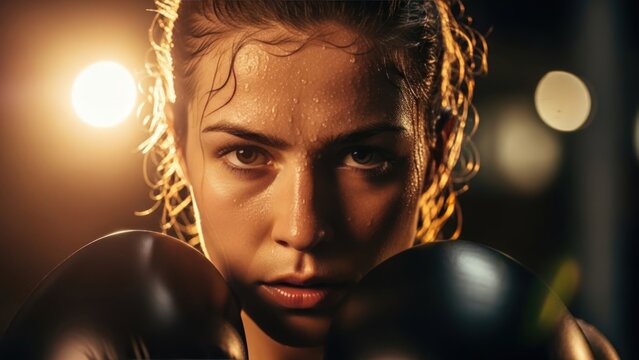 A sweaty, determined female boxer with dark gloves stares intensely under dramatic backlighting - Powered by Adobe