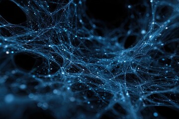 Abstract network of glowing blue nodes and luminous threads
