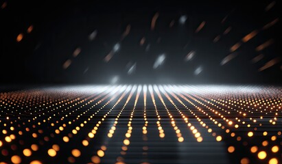Futuristic grid of glowing orange dots and shimmering lights on a dark stage