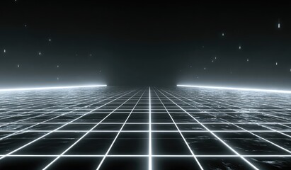 Neon grid receding into darkness, with distant glowing lights and floating specks