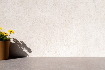 花を置いたテーブルと白い壁のある風景