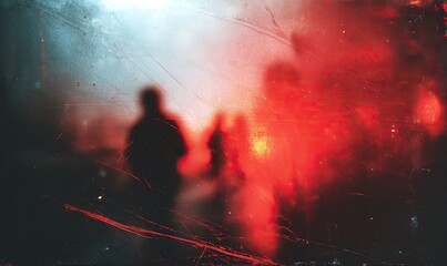 Blurred, silhouetted figures emerge from fiery, abstract, smoky, textured chaos