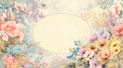 Soft focus pastel floral background with a central blank circular space for text or design elements