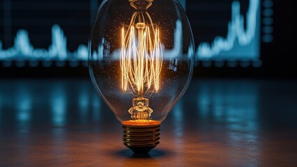 Bright vintage filament bulb on reflective surface, blurred blue digital data graph in background