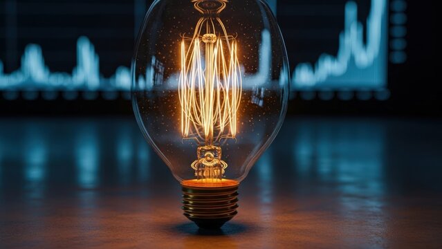 Bright vintage filament bulb on reflective surface, blurred blue digital data graph in background - Powered by Adobe