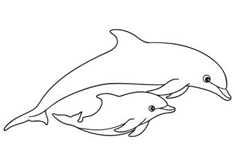 ISO A1 Educational Coloring Page for Kids with Cute Mother Dolphin and Baby Dolphin Swimming Together