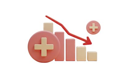 3D Bar Chart with Downward Arrow and Plus Symbols