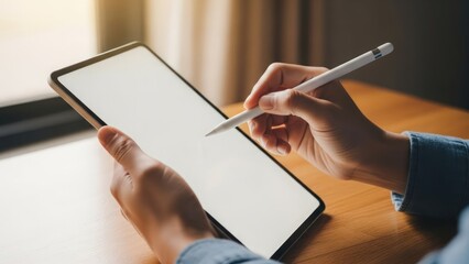 Close-up of hands holding a tablet with a blank screen, using a stylus to draw or write