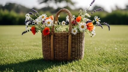 Rustic woven basket filled with colorful wild flowers including poppies and daisies on a lush green lawn in a sunny field