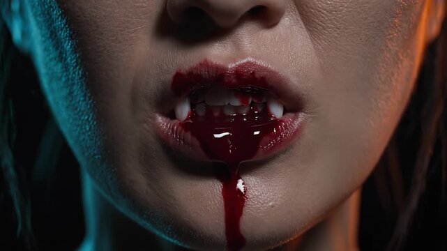 Vampire Woman with Fangs Drinking Blood Horror Halloween Scene