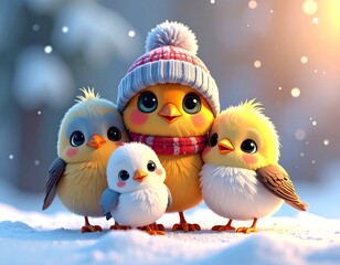 three cute yellow birds wearing hats and scarves standing together in a snowy landscape