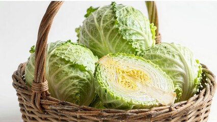 Fresh cabbages in wicker basket with cut half