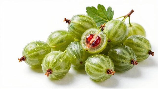 Fresh green gooseberries with water droplets and cut open fruit - Powered by Adobe