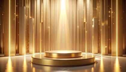 a elegant interior scene featuring golden columns and a circular pedestal