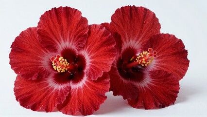 Red hibiscus flowers with water droplets on white background