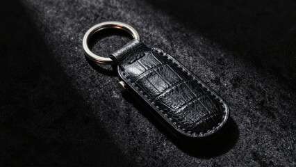 Black crocodile leather keychain on dark textured surface