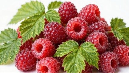 Fresh red raspberries with dewy green leaves