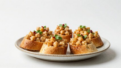 Chickpea crostini with cilantro and chili garnish